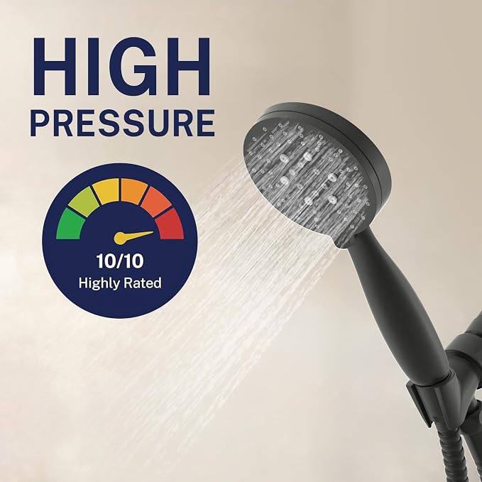 HammerHead Showers® Solid Metal 3-Spray Handheld Shower Head with Long Hose and Holder - MATTE BLACK - 2.5 GPM High Pressure Shower Head with Handheld Sprayer - WIDE, MASSAGE, and MIST Sprays