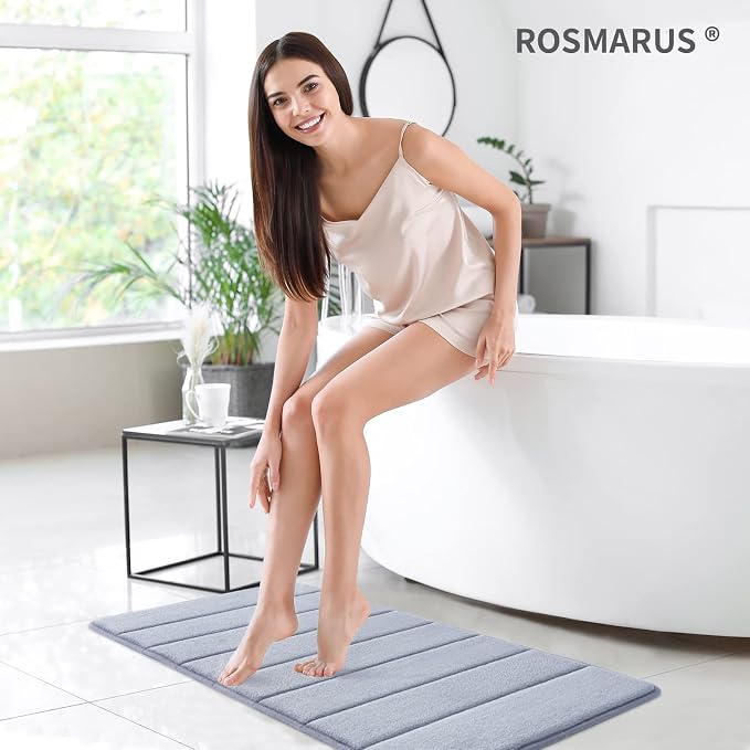 ROSMARUS Memory Foam Bath Mat, 20''x32'', Grey | Water Absorbent, Ultra Soft, Non Slip, Thick Foam, Bathroom Rugs for Floor & Tub, Machine Washable Care