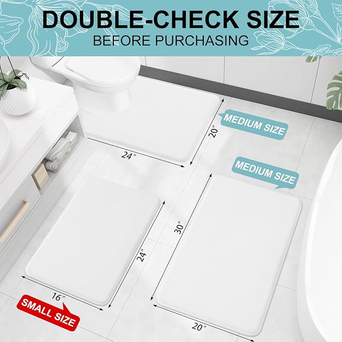 Smiry Memory Foam Bath Mat 44x24, Extra Soft and Absorbent Bathroom Rugs | White, Quick Dry Machine Washable Non-Slip Bath Mat for Bathroom Floor, Shower and Tub