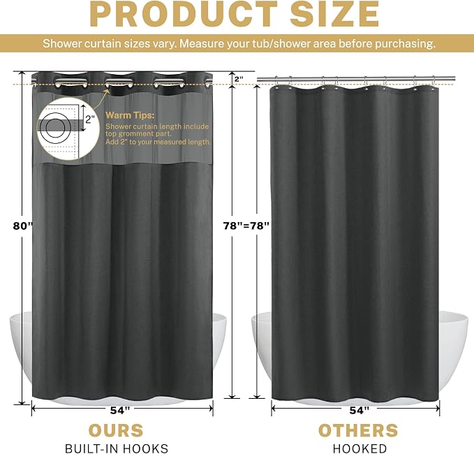 WONICY No Hook Shower Curtain with Liner, Charcoal Grey, 54 x 80 Inch | Ringless, Waterproof & Washable, Hotel Style, Mesh Top Window, Bottom Magnets, Thick, Farmhouse, for Bathroom