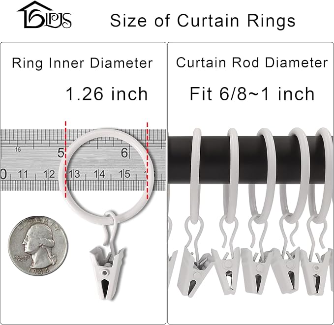 LLPJS 40 Pack Curtain Rings with Clips, Curtain Clip Rings Hooks, Bow Hanger Clips for Hanging Drapery Drapes Bows, Ring 1.26 inch Interior Diameter, Fits up to 1" Rod, White