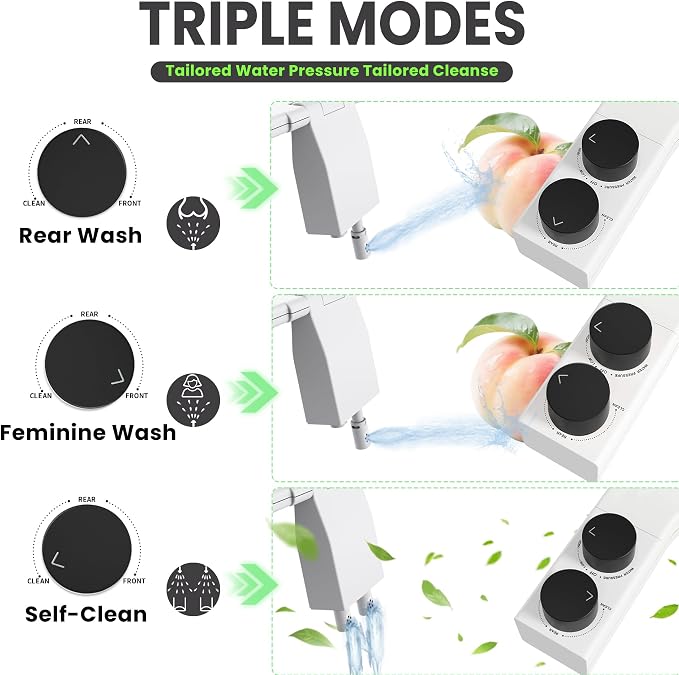 Toilet Bidet With Left/Right Side Reversible Design, Fresh Water, Non-Electric, Toilet Bidet Attachment, Right/Left Hand Side with Dual Nozzle, Self-Clean, Easy to Install (Black Knob)