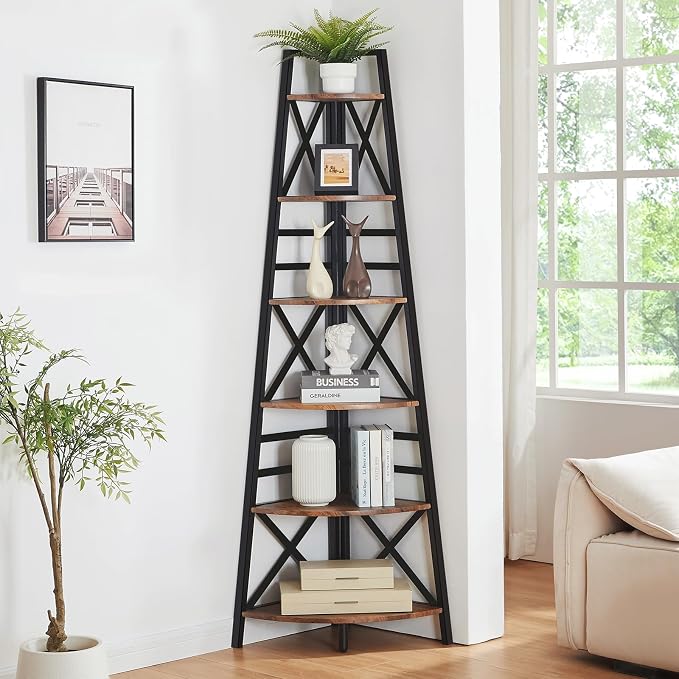 5 Tier Corner Shelf,72 Inch Tall Corner Bookshelf,Rustic Brown | Sturdy Corner shelf Standing,Industrial design,Easy assembly,Suitable for living room,Office,Corner Space