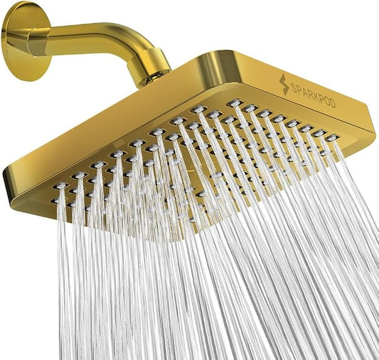 SparkPod Rain Shower Head, 6 Inch Square, Egyptian Gold Finish | High Pressure Shower Heads, 90 Nozzles, Adjustable Showerhead, No Tools Needed, Universal Connection