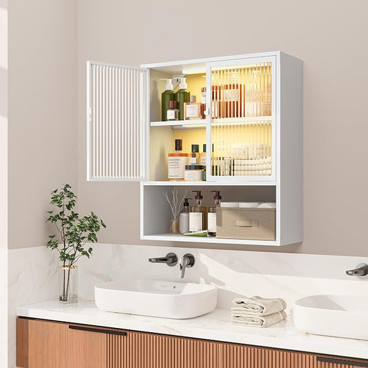 Bathroom Medicine Cabinet with Glass Doors & Sensor LED Lights, Over Toilet Bathroom Organizer, Space-Saving Wall-Mounted Storage for Living Room, Kitchen, Laundry Room (23.6" W x 27.6" H)