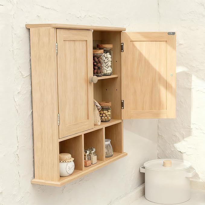 TaoHFE Natural Wooden Color Bathroom Wall Cabinet with 2 Door | Adjustable Shelves Over The Toilet Storage Wall Mounted Medicine Cabinets for Bathroom Laundry Room Kitchen