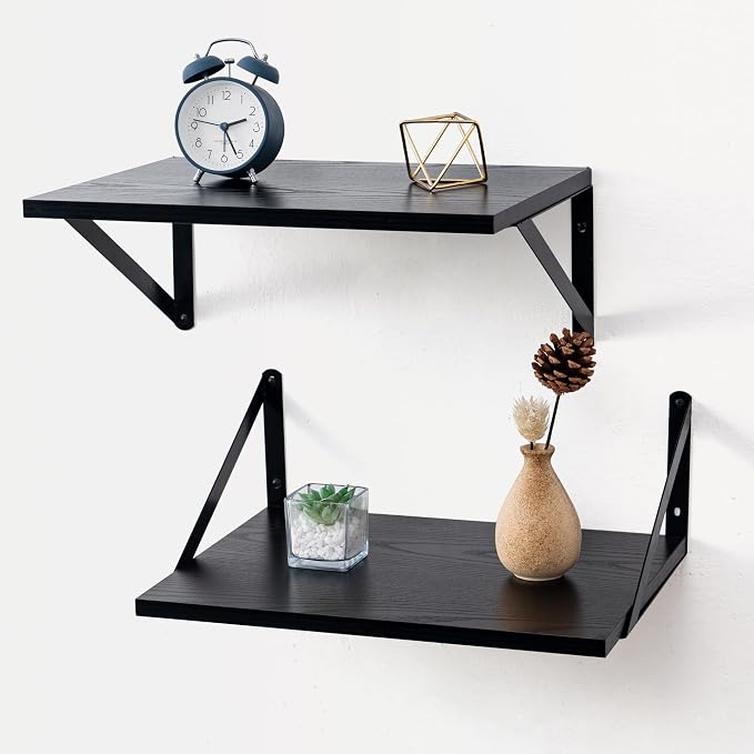 Deep Floating Shelves for Wall, 16W x 12D Black Floating Shelves Set of 2, 12 Inch Deep Large Wall Mounted Shelves for Living Room Bedroom Bathroom