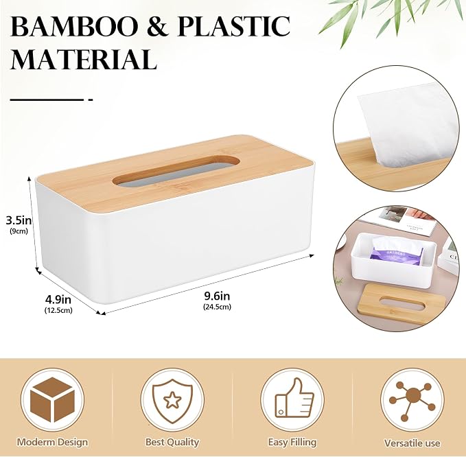Teenyyou 2 Pcs Tissue Box Cover Square Plastic Tissue Holders 5x9 Inch Holder Wood Cover Plate for Bathrooms, Kitchen, Office, Home, Bedroom Dresser, Countertop(White)