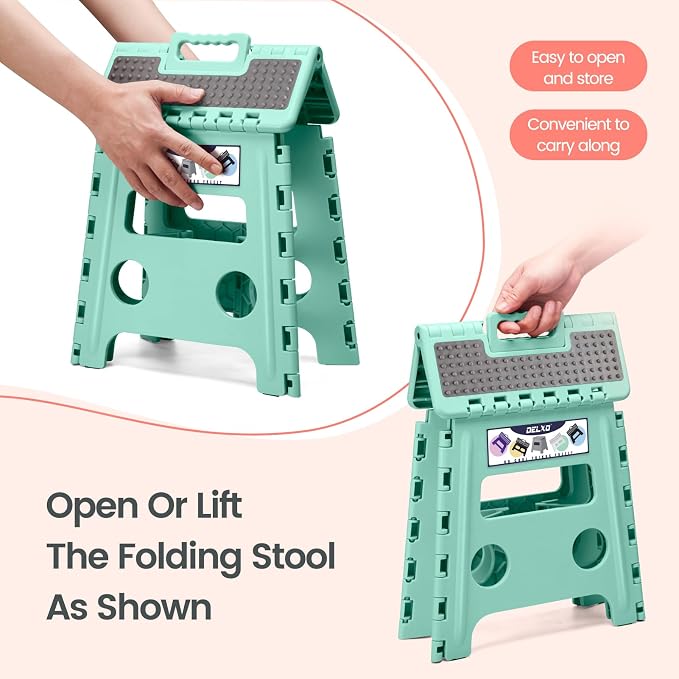 Delxo Folding Step Stool 13 Inch,300 Lbs Step Stool for Adults Green | Foldable Step Stool 13",Non-Slip Foot Stools with Handle,Lightweight Collapsible stools for Kitchen,Bathroom,Bedroom,Garden