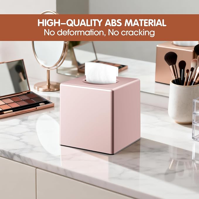 Y-in Hand Square Tissue Box Cover, Cube Facial Tissue Box Holder, Pink | Modern Home Accessory with Removable Bottom for Easy Refills. Designed for Bathroom Vanity, Dressers, Nightstands and Office.