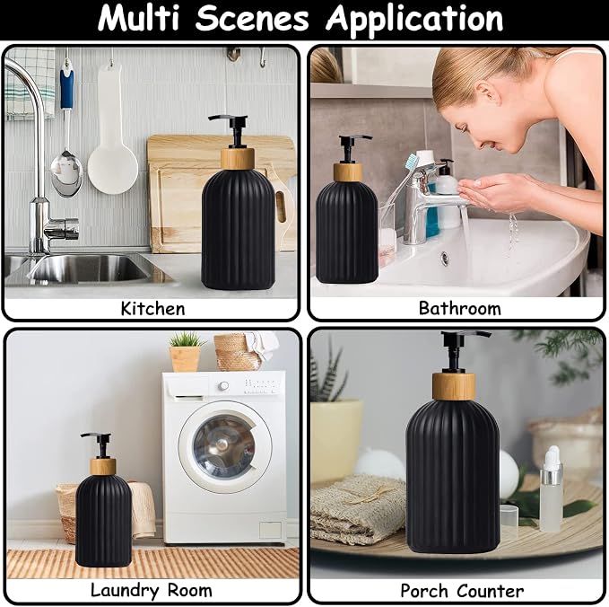YYTSGG Black Glass Soap Dispenser Set with Bamboo Pump, 13.5oz, 2 Pack | Refillable Liquid Hand Soap Dispenser, Lotion Dish Soap Dispenser for Modern Home Decor, Bathroom, Kitchen Countertop, Hotel