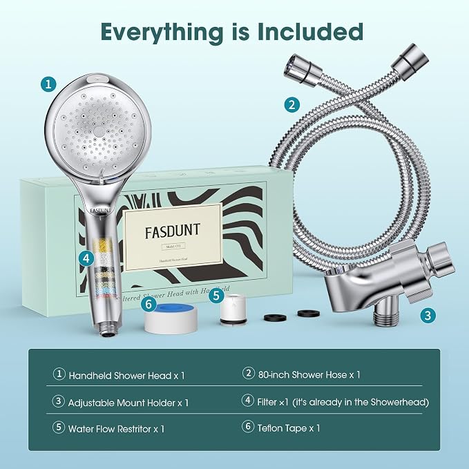 Filtered Shower Head with Handheld, High Pressure 8 Sprays, Chrome | 80" Long Stainless Hose, Built-in Power Wash, Water Softener Filter Beads for Hard Water - Remove Chlorine, Reduce Dry Skin