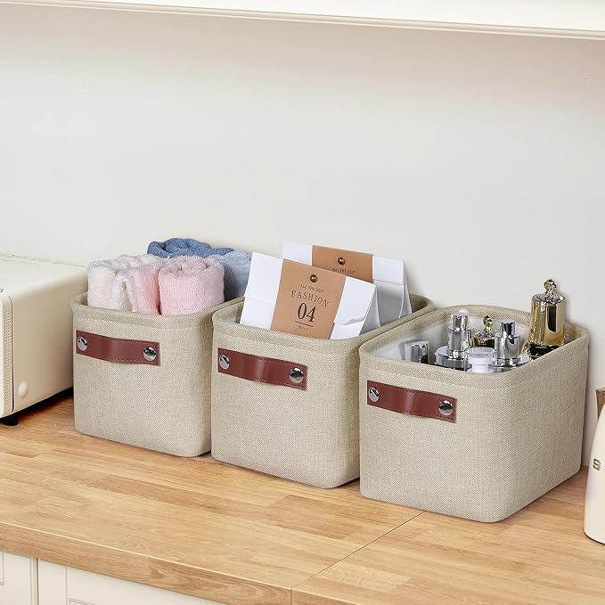 Small Fabric Storage Bins, Mini Storage Cubes, 7.8x6.7x5.9 Inch | Decorative Storage Basket, Collapsible Storage Organizer, with Handles, For Desk Shelves Makeup, 4-Pack, Brown