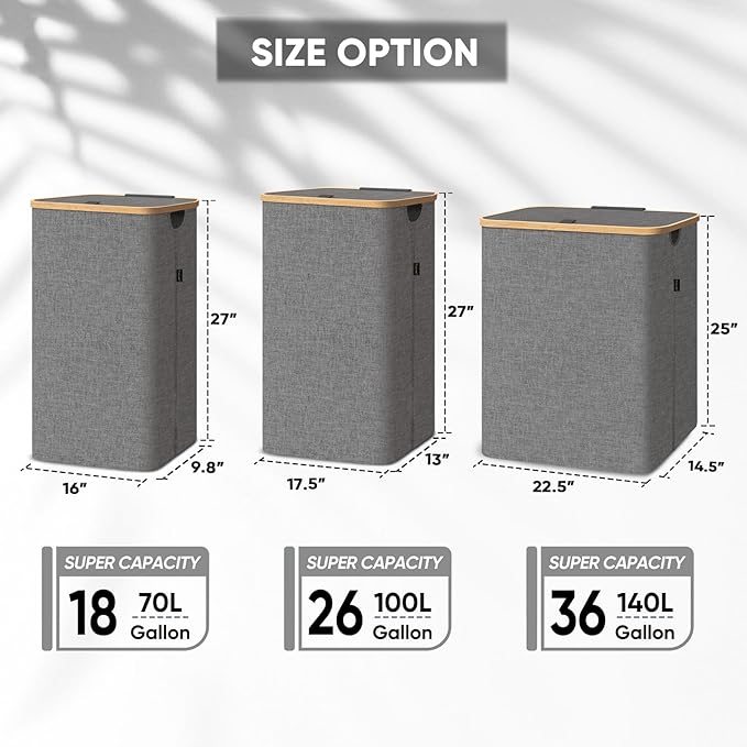 BALEINE Laundry Hamper with Lid, Tall Laundry Baskets with Bamboo Pull Handles, Large Laundry Bin with Internal Support (36 Gal/140L, Grey)