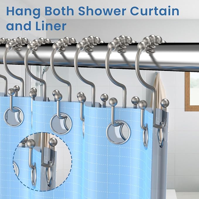 Matte Nickel Shower Curtain Hooks Double Sided with Roller Balls | for Bathroom Rods, for Shower Curtain and Liner, Smooth Gliding, Rustproof Metal, Set of 12 Hooks