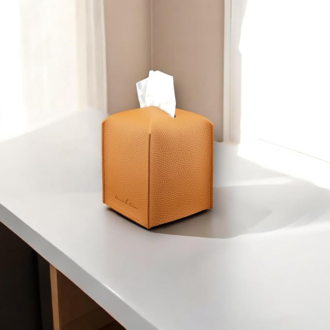 Premium PU Leather Tissue Box Holder - Elegant Hotel-Style Tissue Box Cover for Home, Office & Car Décor, Tissues Cube Organizer for a Natural & Classic Look (Orange)