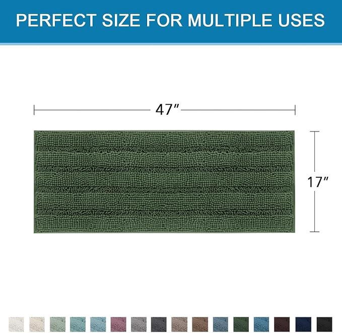 H.VERSAILTEX Bath Rugs for Bathroom Non Slip Bath Mats Extra Thick Chenille Striped Bath Rug Runners 47" x 17" Absorbent Fluffy Soft Shaggy Mats Dry Fast Plush Area Carpet for Bath Room - Bronze Green