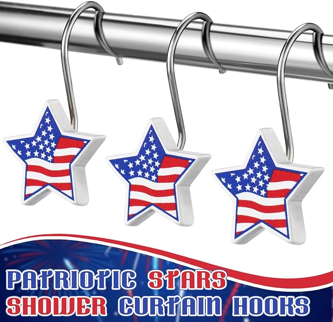 Yaocom 12 Pcs Patriotic Star Shower Curtain Hooks, 4th of July | American Flag Resin Hooks, Rings for Independence Day Bathroom Decor, Fits Standard Shower Rods, 250th Anniversary USA