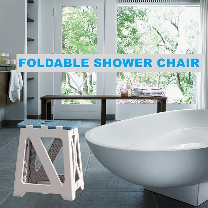 Foldable Bath Shower Safety Chair Seat Khaki, Foldable and Anti-Slip Bench Bathtub Stool for Elderly or Seniors (Foldable ShowerChair 15.7" H Khaki)