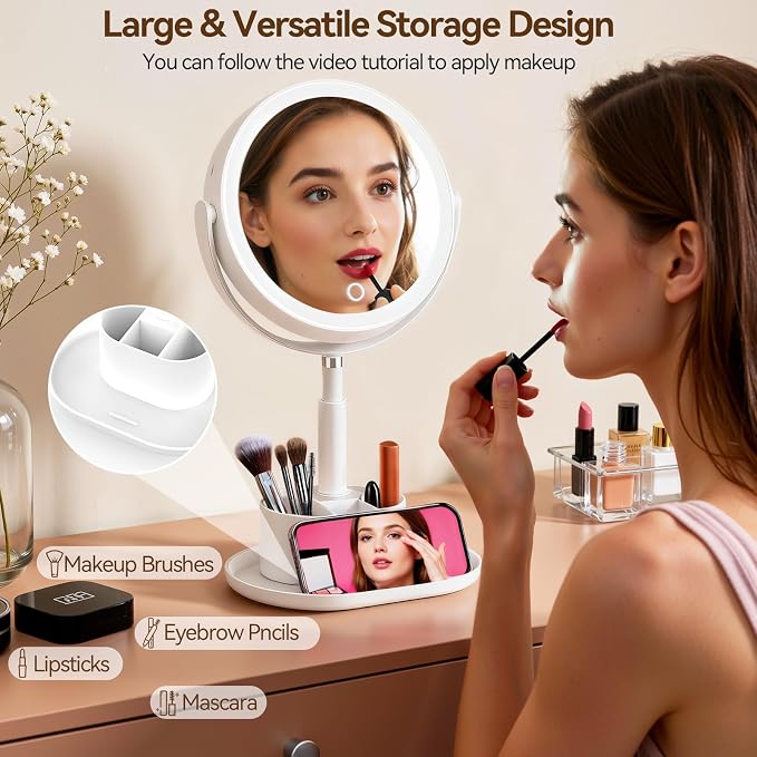 20X Magnifying Mirror with Lights and Storage, Double Sided Vanity Mirror | Rechargeable Makeup Mirror, 3 Color Lighting, Fast Charge and Long-lasting Work, Height Adjustable, Memory Function, White