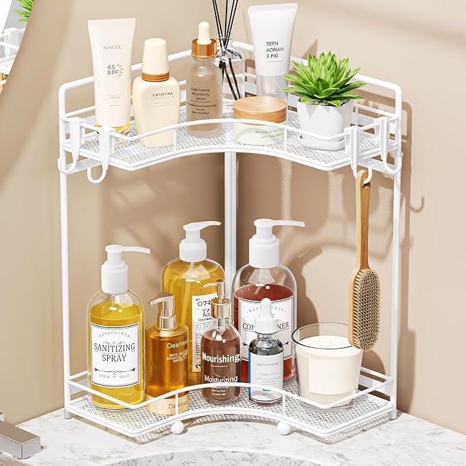 VITVITI 2-Tier Corner Bathroom Counter Organizer, Bathroom Countertop Organizer Storage for Sink, Metal Mesh Makeup Organizer for Vanity Countertop Kitchen with Hooks,White