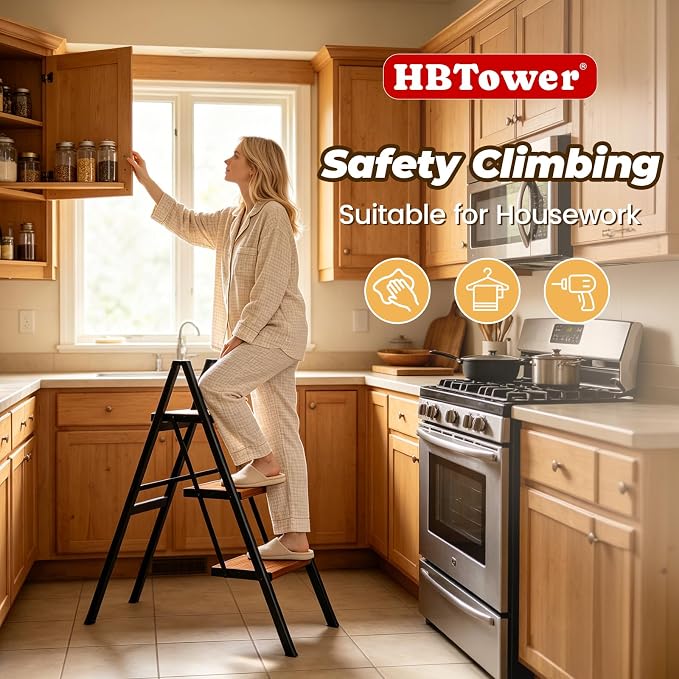 HBTower 3 Step Ladder, Lightweight Aluminum Folding Step Stool | Anti-Slip Wide Pedal, 330lbs Capacity Step Ladder for Household Kitchen Office, BlackWoodgrain