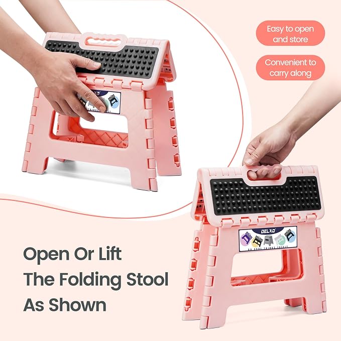 Delxo 9 Inch Kids Step Stool,300 Lbs Folding Step Stool for Toddler Pink | Foldable Step Stool,Non-Slip Foot Stools with Handle, Lightweight Collapsible Stool for Kitchen,Bathroom,Bedroom,Garden