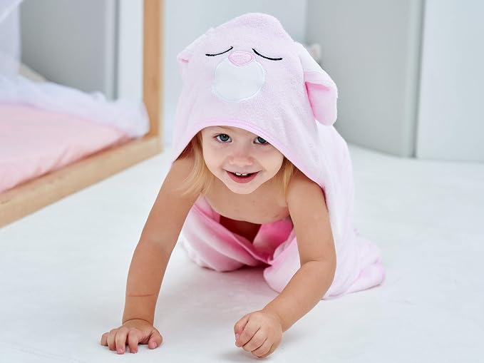 HIPHOP PANDA Ultra Soft Hooded Baby Towel - 2-Layer Thick 500GSM Absorbent | Rayon Made from Bamboo, Hooded Bath Towel for Newborn, Infant, Toddler, Baby Registry - Pink Rabbit, 30x30 In