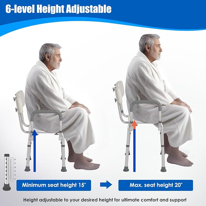 Shower Chair with Arms and Back, 330lbs Heavy Duty Bath Seat with U-Shaped Cutout, 21" Extra Wide Adjustable Shower Stool with 2 EVA Pads and Shower Head Holder, Tool-Free Assembly