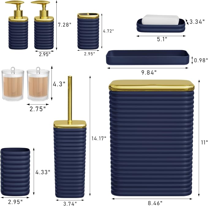 Bathroom Set - 10PC Bathroom Accessory Set, Navy Blue Bathroom Set, Luxury Bathroom Accessories Set, Trash Can, Toilet Brush, Soap Dish, Qtip Holder & Soap Dispenser