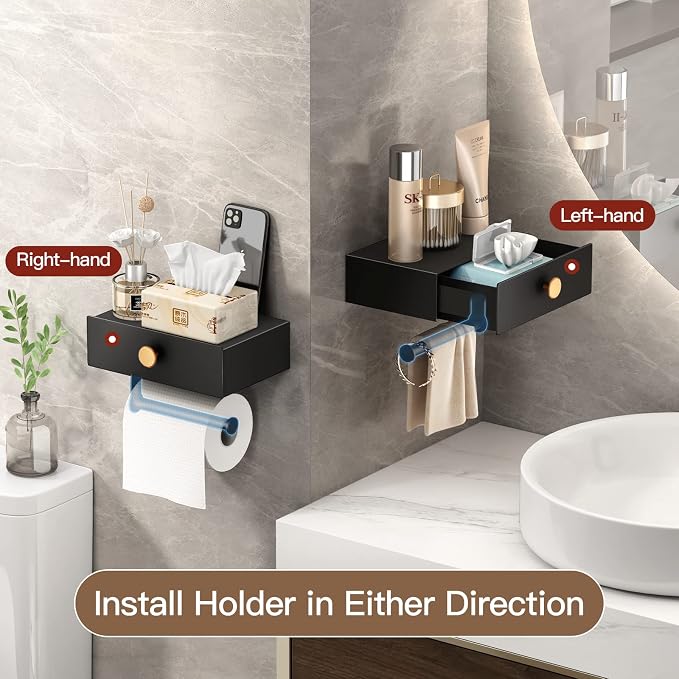 VOLDRA Toilet Paper Holder with Shelf Black Wipes Dispenser for Bathroom Stainless Steel Toilet Paper Holder with Storage Drawer Adhesive Wall Mount Small Bathroom Shelf