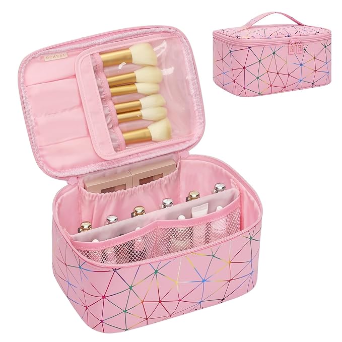 Makeup Bag - Portable Large Capacity Travel Cosmetic Case for Women with Handle and Divider Toiletry Organizer for Girls on the Go -Geometric Pink