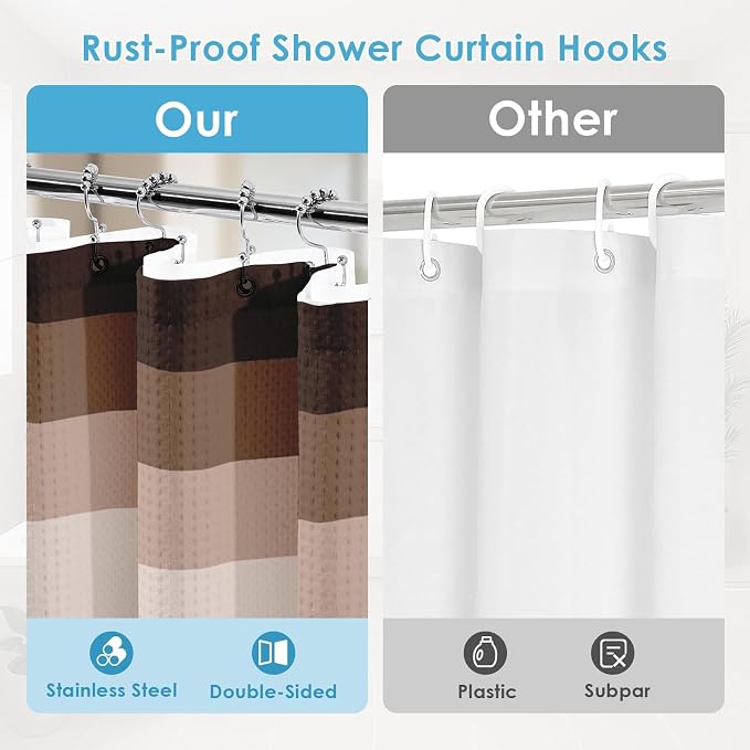 3 in 1 Shower Curtain and Liner,36 x 72 inch, Modern Brown | Striped Shower Curtain and PEVA Liner Set with 12 Rust-Resistant Metal Hooks, Waterproof Fabric Curtains for Bathroom