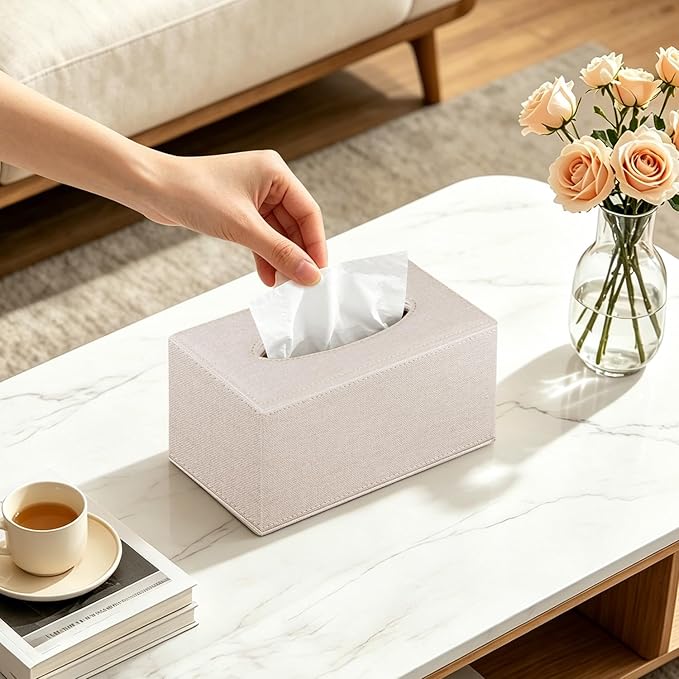 Linen Tissue Box Cover Rectangle,Leather Aesthetic Facial Tissue Box Holder | Modern Facial Paper Napkin Dispenser Organizer,Decorative Tissue Cover for Bathroom Vanity,NightStand Coffee Table,Home,Hotel