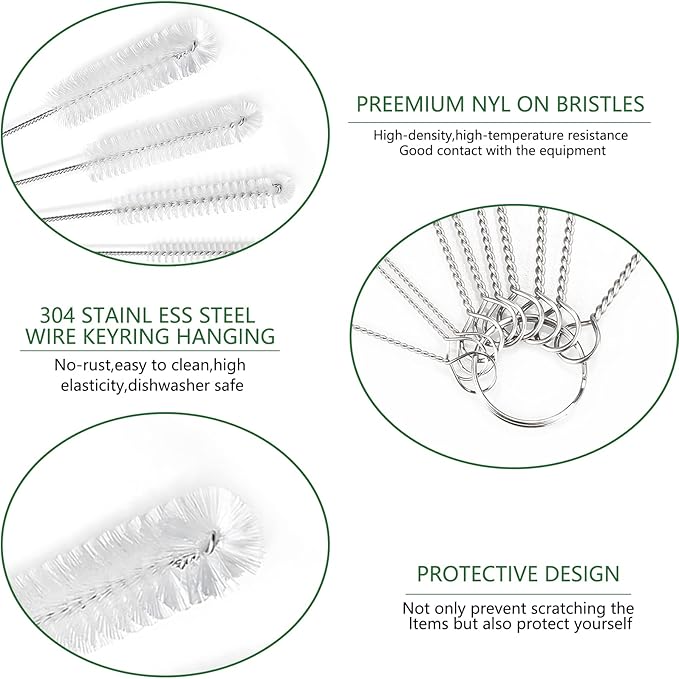 CiaraQ Bottle Cleaning Brushes, 8 Inch Nylon Tube Brush Set | White Cleaner for Narrow Neck Bottles Cups with Hook, Set of 13pcs, White