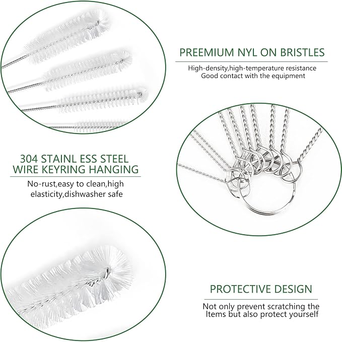CiaraQ Bottle Cleaning Brushes, 9.8 Inch Nylon Tube Brush Set | White Cleaner for Narrow Neck Bottles Cups with Hook, Set of 10pcs