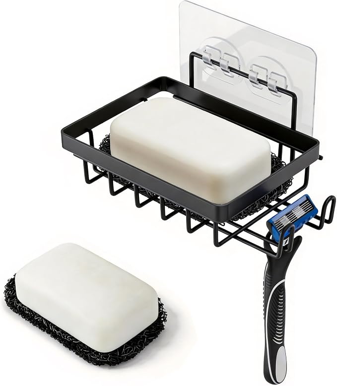 Self Draining Adhesive Soap Bar Holder for Shower Wall with with Soap Saver | Soap Dish Container Caddy Saver with 2 Hooks for Razor Loofah, Shampoo Sponge Tray Case Box for Bathroom Kitchen Sink, Black