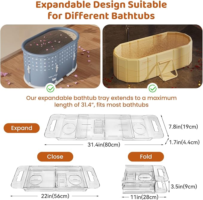 Foldable Bathtub Tray, Adjustable Expandable Bath Tray for Tub 22-31.4in | Clear Acrylic Bathtub Caddy Tray, Shower Tub Organizer Rack with Multi Compartments, Multi-Position Tablet Holder