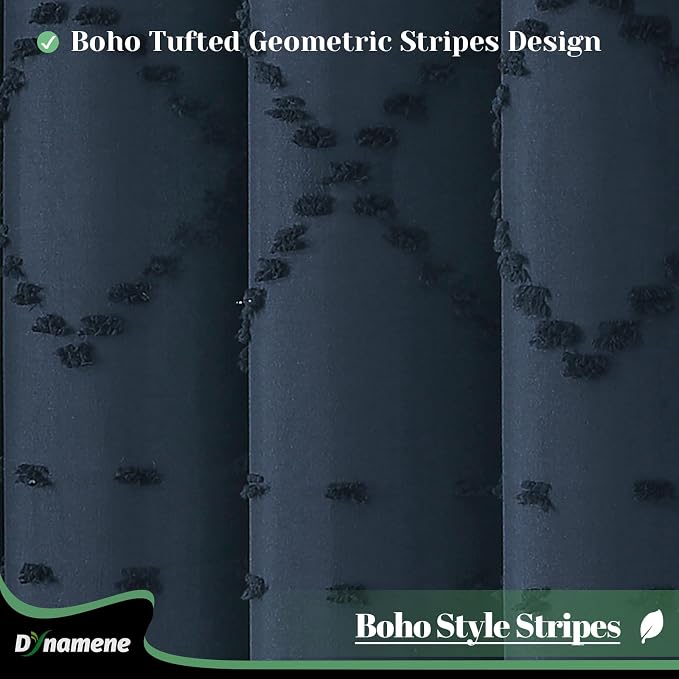 Stall Boho Shower Curtain Tufted Geometric 36"x72" Navy Blue | Narrow Half Size, Elegant Tassel, Soft Lightweight Textured Fabric, Water Repellent, Washable, for Bathroom/Dorm 6 Hooks