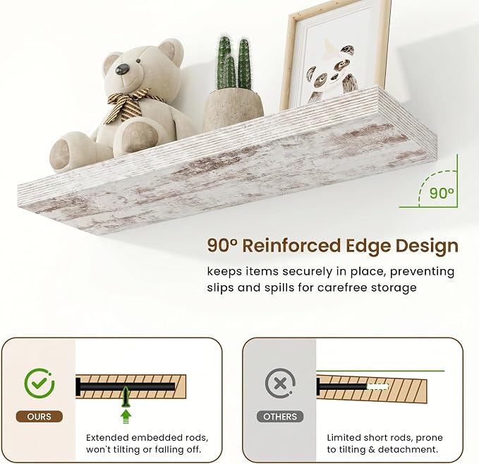 9.25in Depth 32in Floating Shelves, 32x9.25x1.4, Vintage White, Set of 2 | Wall Mounted Engineered Wood Shelves, Invisible Brackets for Living Room, Bedroom, Bathroom, Kitchen Decor and Storage