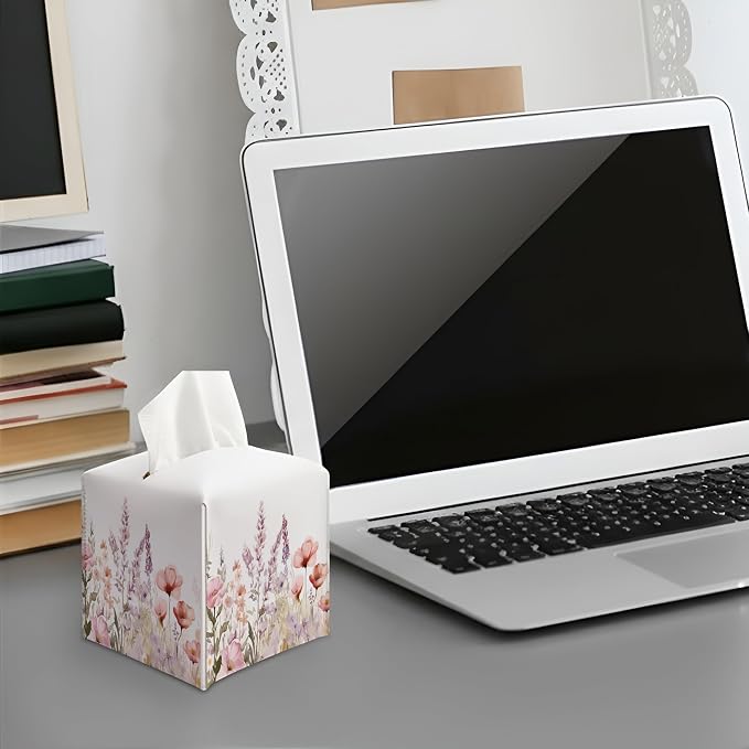 Spring Watercolor Flower Square Faux Leather Tissue Box Cover | Floral Tissue Holder, Spring Accessories, for Bathroom, Car, Office Desk, 5.3x5.3x5.3