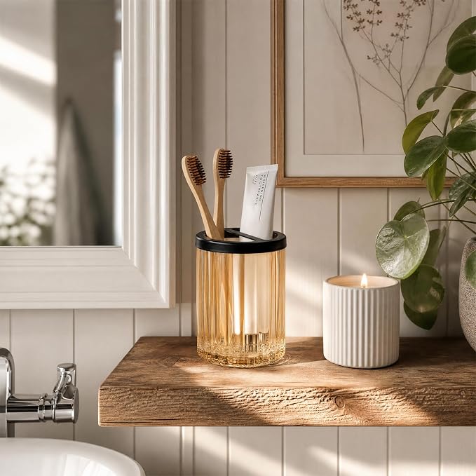 Amolliar Glass Toothbrush Holder Bathroom Tumbler Toothpaste Storage(Amber) | Bathroom Tumbler and Mouthwash Cup with 2 Compartment Organizer Divider, Toothbrush and Toothpaste Organizer for Countertop