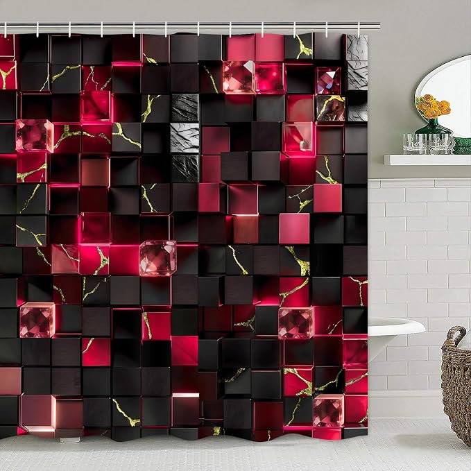 LQCOOL 4Pcs Black and Red Shower Curtain Set 3D Cubes Bathroom Sets Modern Shower Curtain Set for Bathroom Sets with Rugs and 12 Hooks | Waterproof Polyester & Soft Flannel. 12 Hooks, Toilet Lid Cover & U-Shaped Mat with Black Red Gold for Modern Decor.