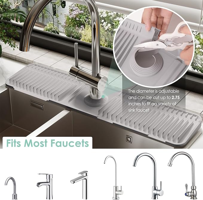 24-Inch Silicone Faucet Mat for Kitchen Sink Splash Guard, 7° Slope | 24"x5.5" water draining mat with fasten button; 1.6-2.75" customizable hole for bathroom, RV & kitchen sink drip catcher.