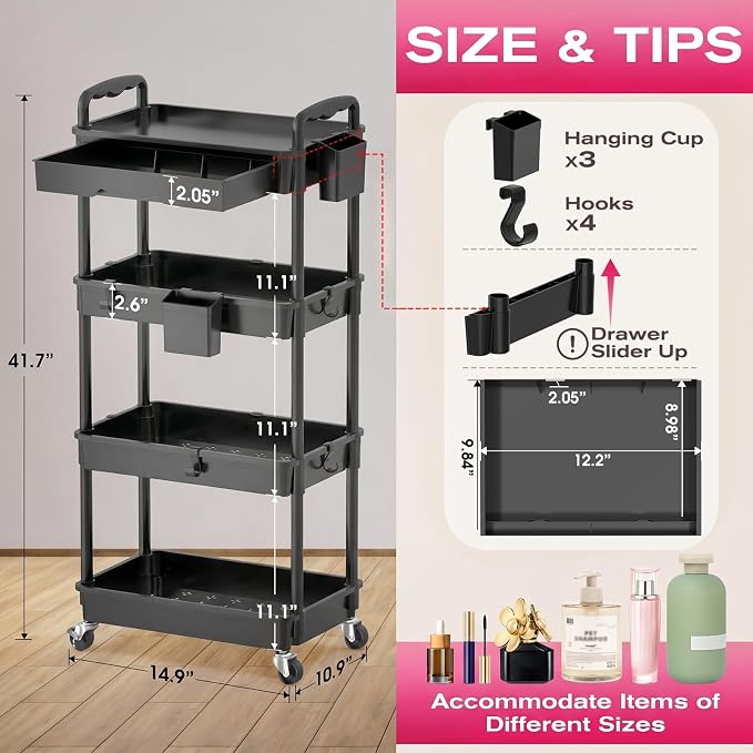 Goovilla Rolling Makeup Organizer Cart with Removable Drawer, 4 Tier Black | Stable Floor Skincare Storage Cart for Vanity, Cosmetic Display, Nail Polish, Perfume, Hair Stuff, Beauty, Bathroom(Plastic)