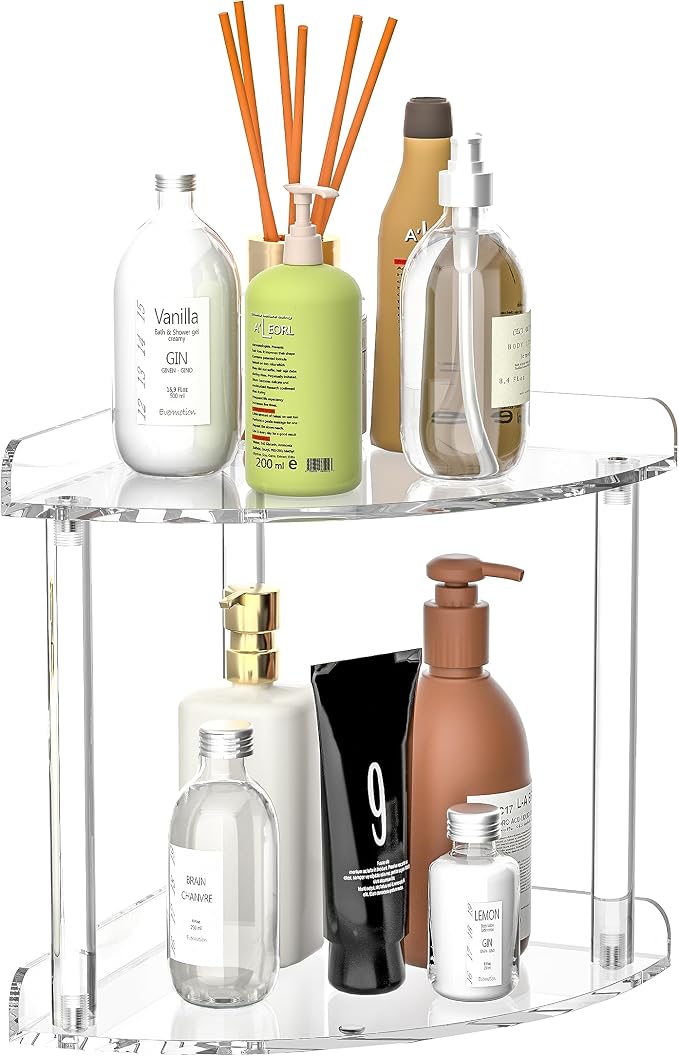 Sezanrpt 2 Tier Countertop Corner Organizer Shelf 7x7x8 Inch, Acrylic Bathroom Organizer Corner Shelf for Countertop, Clear Vanity Storage Organizer for Skincare, Cosmetics, Perfume