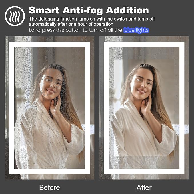 LED Bathroom Mirror, 28"X36" with Front Light and Backlit | Stepless Dimmable, Anti-Fog, Shatter-Proof, HD Reflection, Memory, 3 Colors Lighting, UL Listed (Horizontal/Vertical).