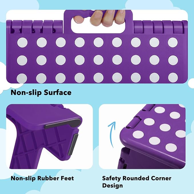 ACKO 9 Inch Folding Step Stool, Non-Slip Foldable Stools for Kids, Purple | Heavy Duty Collapsible Foot Stool, Lightweight, Holds 300lb for Toddler/Adults Kitchen Bathroom Bedroom Outdoor, with Handle
