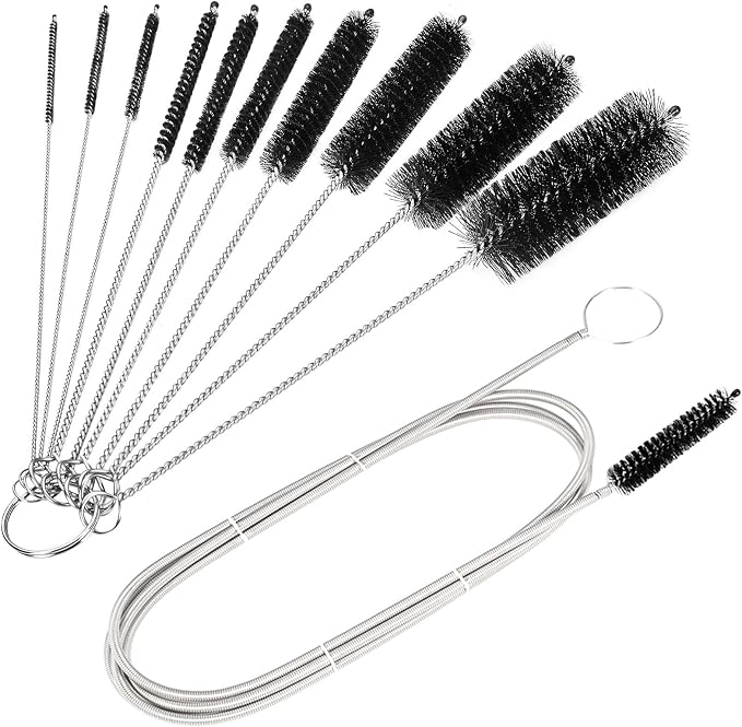 CiaraQ11-Piece Black Tube & Pipe Cleaning Brush Set | – 10 Rigid Brushes 1/16"-1" + 60" Flexible Wand brush, Medium-Stiffness Nylon – for Drains, Guns, Coffee & Labs
