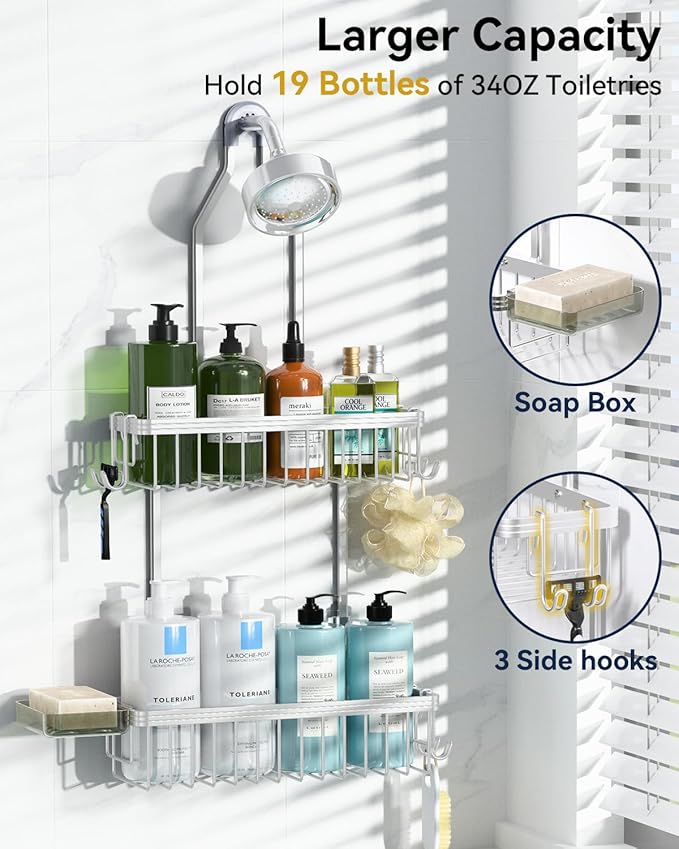 Never Rust Shower Caddy Hanging, Aluminum Shower Racks for Inside Shower, 2-Tier Shower Organizer Hanging Over Shower Head with Hooks and Soap Holder, Silver